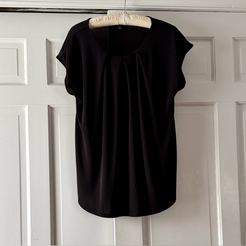Ann Taylor Black Pleated Cap-Sleeve Top